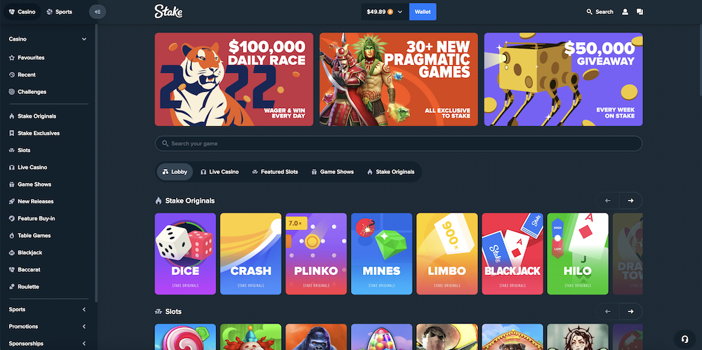 Page d'accueil de Stake.com Casino